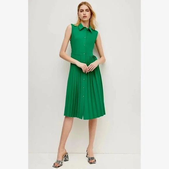 NWT!! KAREN MILLEN Soft Tailored Pleated Sleeveless Shirt Dress Solid Green US 8 - Picture 1 of 16